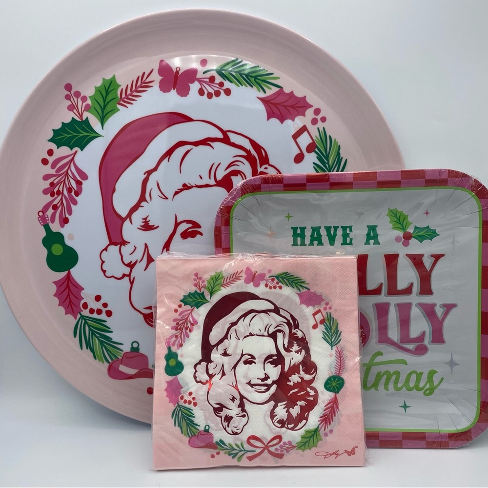 Holly Dolly Parton Christmas Set Melamine Platter  Square Plates Napkins Hosting
